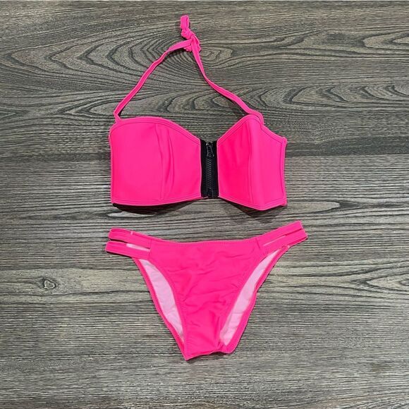 NWOT Jacques Designs Bathing Suit Zipper Front Strappy Back Bikini Pink Medium - Picture 1 of 5